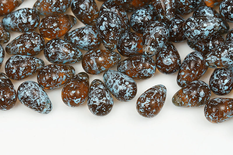 Drops 6×9mm Blue Splash Smoked Topaz Czech Beads