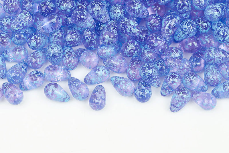 Drops 6×9mm Blue Splash Violet Czech Glass Beads