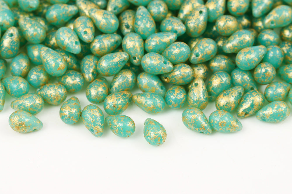 Drops 6×9mm Opal Turquoise Gold Splash 1-Hole Czech Beads