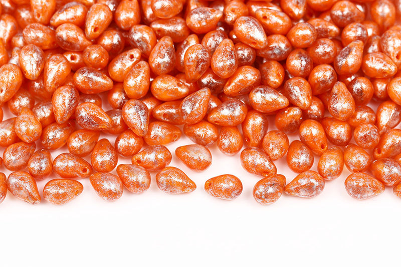 Drops 6×9mm Crystal Orange Mixed Silver Finish Czech Beads
