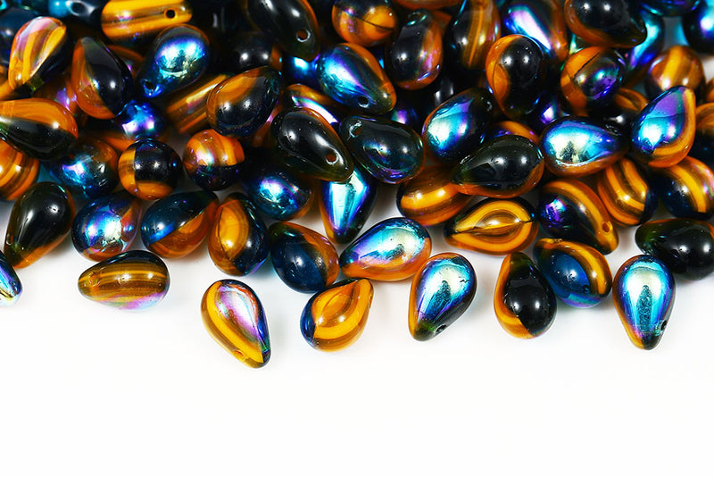 Drops 6×9mm Yellow Aqua Etched AB Czech Glass Beads