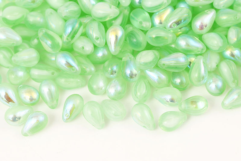 Drops 6×9mm Opal White Lt.Green Mixed AB Czech Glass Beads
