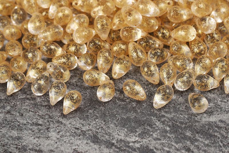 Drops 6×9mm Gold Splash Crystal Czech Glass Beads