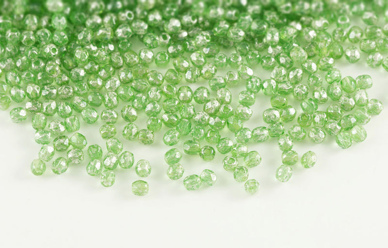 Czech Fire Polished 3mm Silver Splash Dark Peridot Round Beads