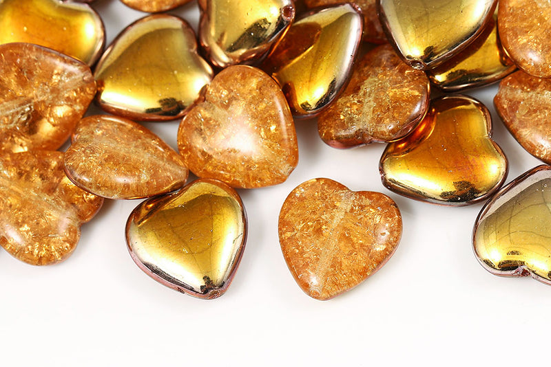 Heart 16×15mm Lt.Amber Ice Cracks Capri Gold Czech Glass Beads