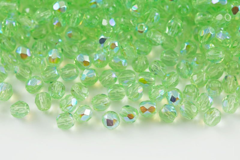 Czech Fire Polished 4mm Grass Green AB Round Beads
