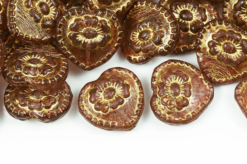 Heart With Rose 17×17mm Crystal Pink With Gold Finish Czech Beads