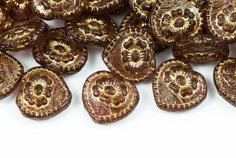 Heart With Rose 17×17mm Crystal Fuchsia With Gold Finish Czech Beads