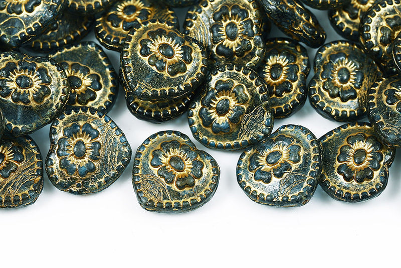 Heart With Rose 17×17mm Crystal Sapphire With Gold Finish Czech Beads