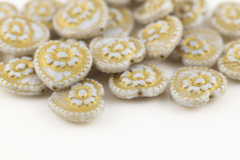 Heart With Rose 17×17mm Chalk With Gold Czech Glass Beads