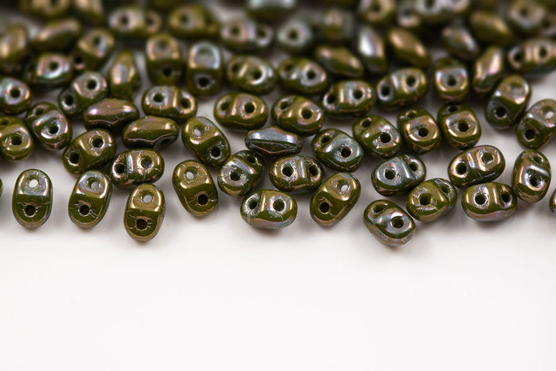 Miniduo 2×4mm Opaque Green Nebula 2-Hole Czech Beads