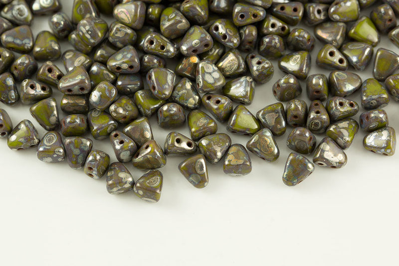 Nib-bit 6×5mm Opaque Green Picasso 2-hole Czech Beads