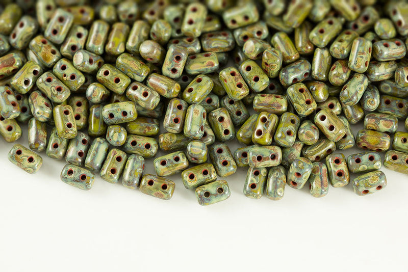 Rulla 5×3mm Opaque Green Travertin Dark 2-Hole Czech Beads
