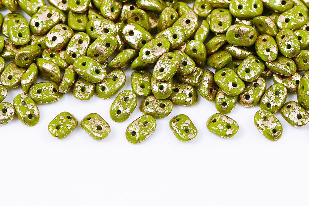 Wave 3×7mm Gold Splash Opaque Olivine 2-Hole Czech Beads