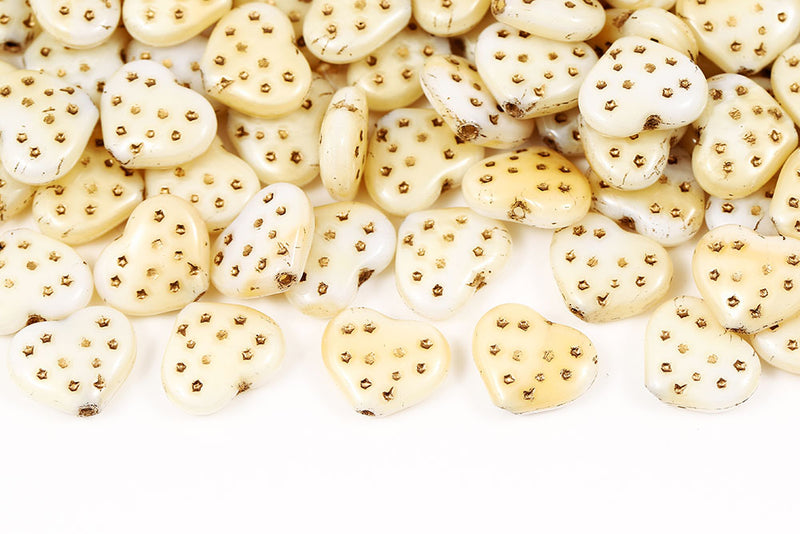 Heart 12×14mm Opaque White Yellow Mixed With Gold Czech Glass Beads