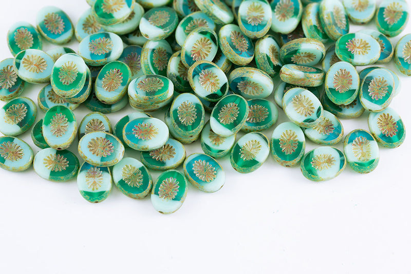 Kiwi 14×10mm White Green Mixed Travertin 1-Hole Czech Beads