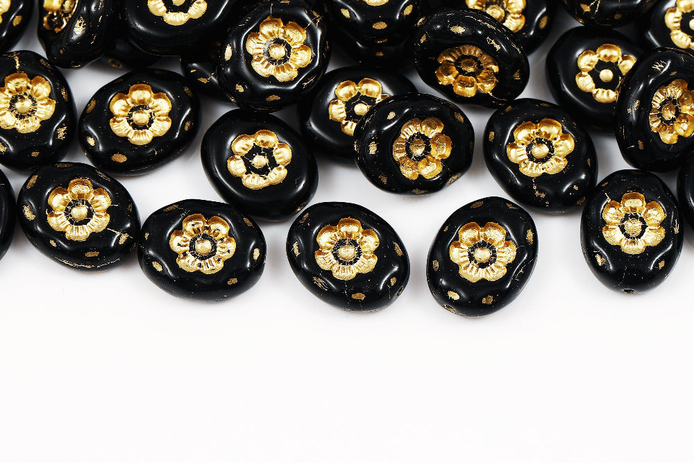 Flowers Oval 14×11mm Jet With Gold 1-hole Czech Beads