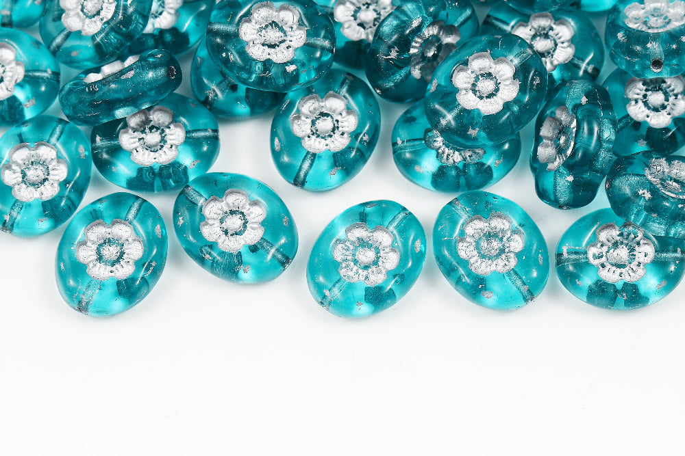 Flowers Oval 14×11mm Peacock Blue With Silver 1-hole Czech Beads