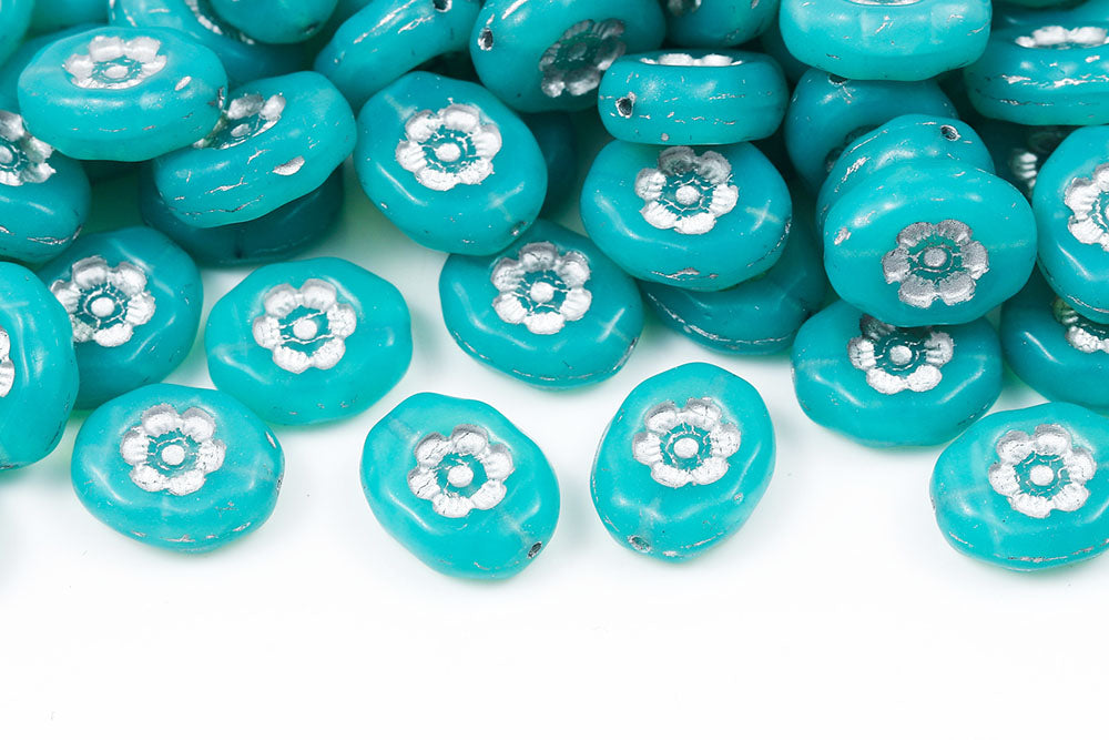 Flowers Oval 14×11mm Opal Blue Green With Silver 1-hole Czech Beads