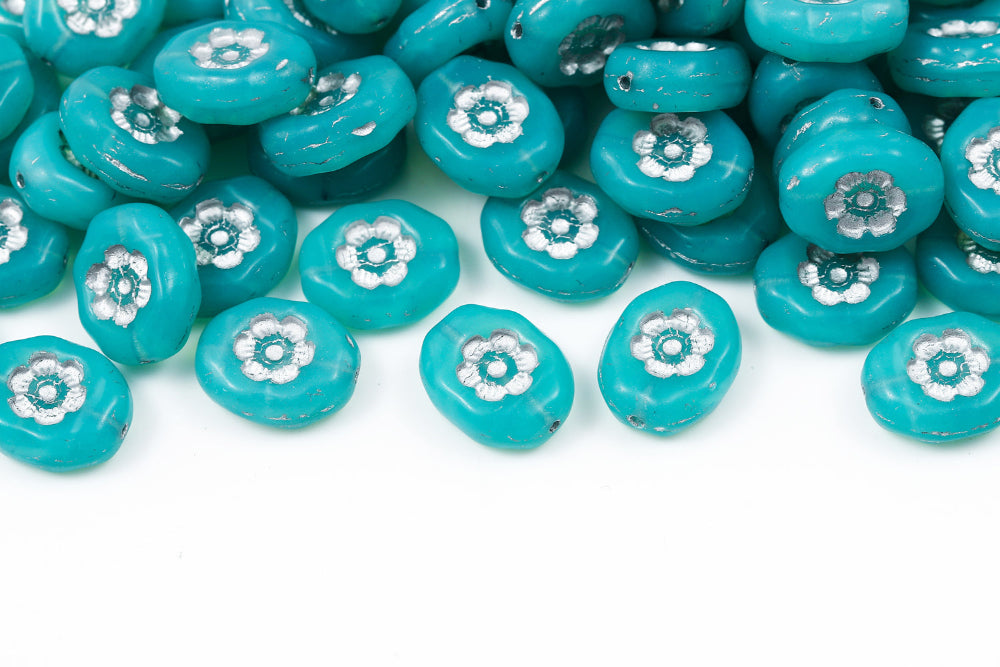 Flowers Oval 14×11mm Opal Blue Green With Silver 1-hole Czech Beads