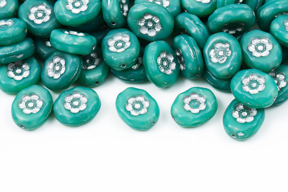 Flowers Oval 14×11mm Opaque Blue Green With Silver 1-hole Czech Beads