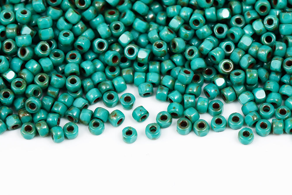 Matubo 3 Cut 6/0 Turquoise Green Travertin Dark Czech Seed bead