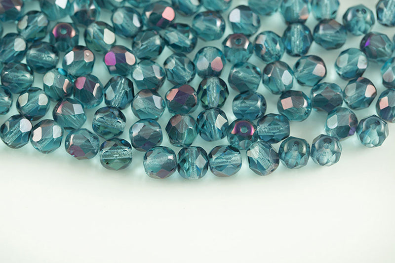 Czech Fire Polished 6mm Aquamarine Brown Flare Round Beads