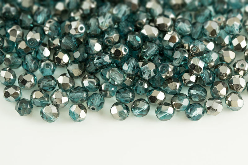 Czech Fire Polished 6mm Aquamarine Chrom Round Beads