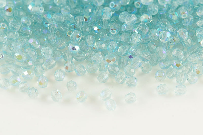 Czech Fire Polished 3mm Aqua AB Round Beads