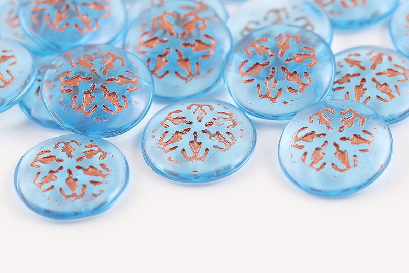 Snowflake Cabochons 21mm Aqua With Copper Nonporous Czech Glass Beads