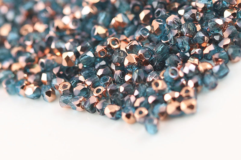 Czech Fire Polished 2.0mm Aquamarine Capri Gold Round Beads