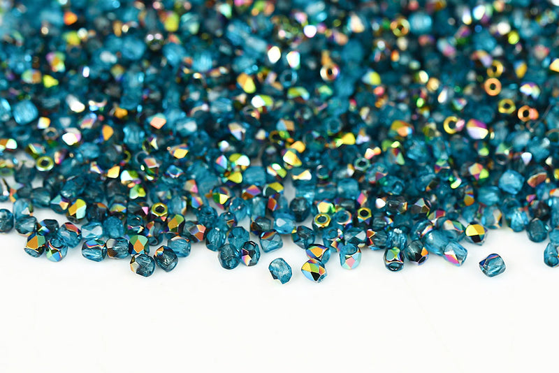 Czech Fire Polished 2.0mm Aquamarine Vitrail Round Beads