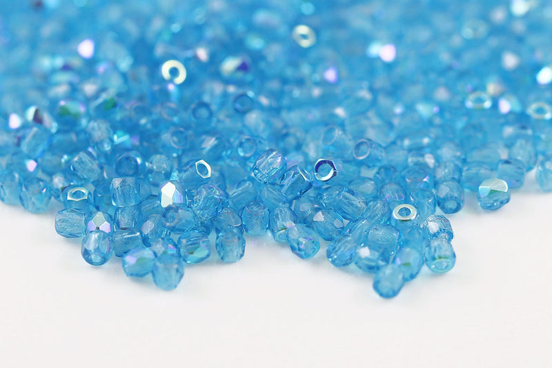 Czech Fire Polished 2.0mm Aquamarine AB Round Beads