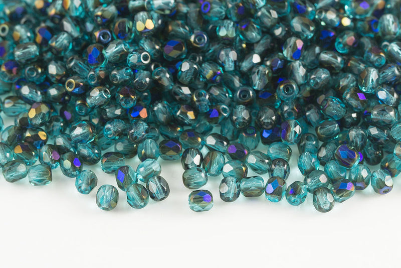 Czech Fire Polished 4mm Aqua Dark Azuro Round Beads