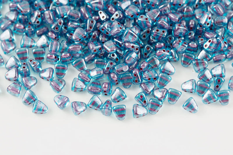 Nib-bit 6×5mm Aqua Red Lined White Luster 2-hole Czech Beads