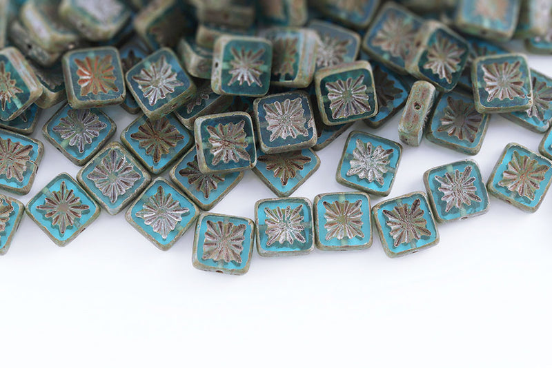 Squared Kiwi 10×10mm Aqua Travertin Matt 1-Hole Czech Beads