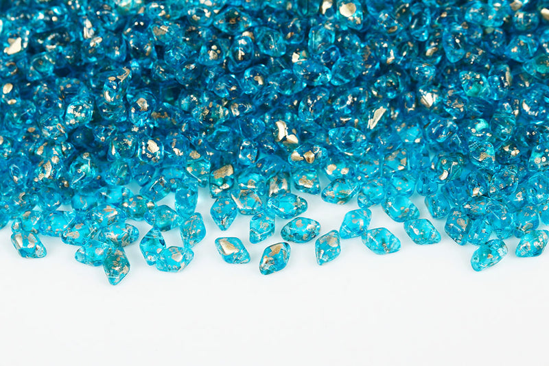 MiniGemduo 6×4mm Aquamarine Gold Splash 2-Hole Czech Beads
