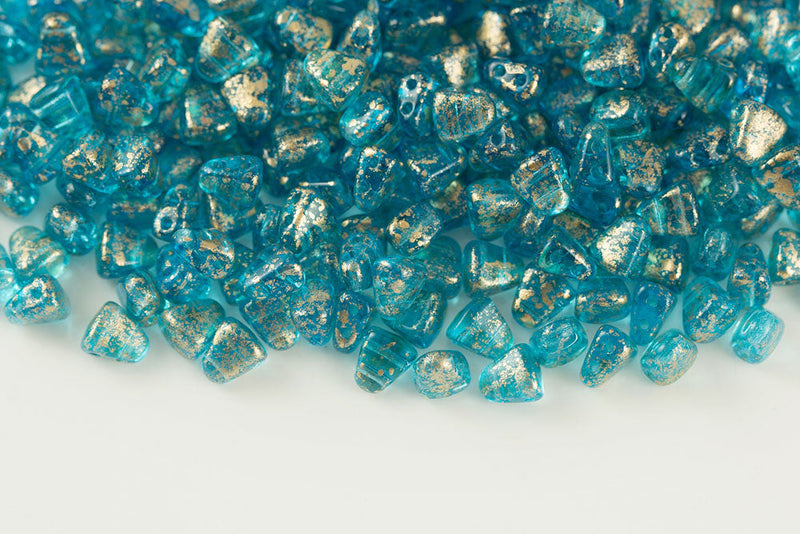 Nib-Bit 6×5mm Gold Splash Aquamarine 2-Hole Czech Beads