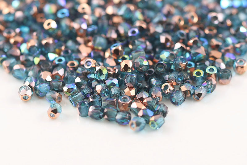Czech Fire Polished 2.0mm Aquamarine Copper Rainbow Round Beads
