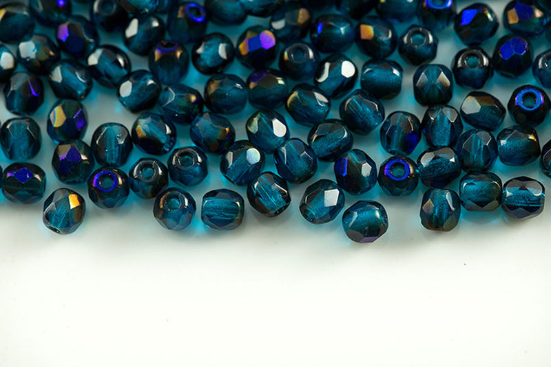 Czech Fire Polished 6mm Indicolite Dark Azuro Round Beads