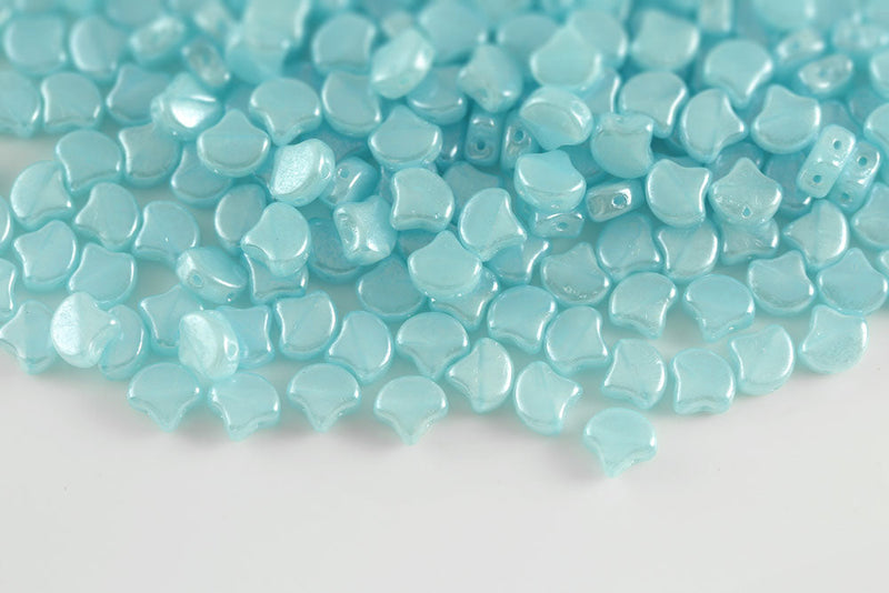Ginko 7.5×7.5mm Opal Aqua White Luster 2-Hole Czech Beads