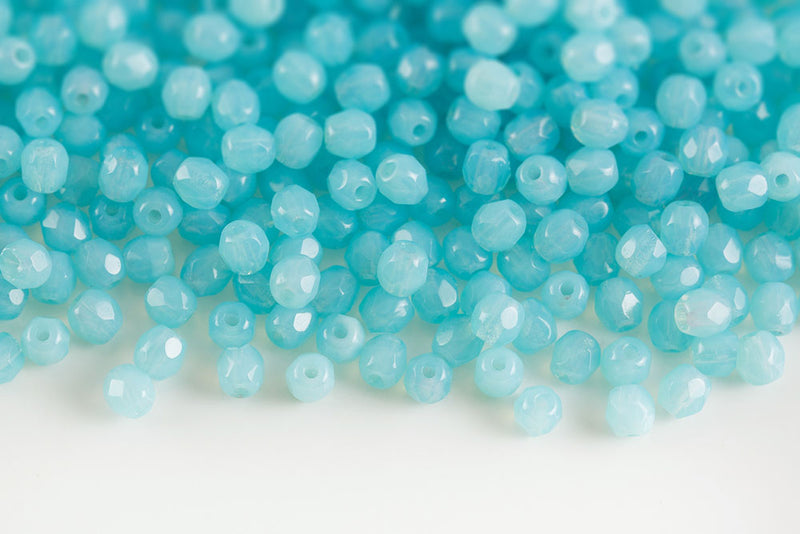 Czech Fire Polished 4mm Opal Aqua Round Beads