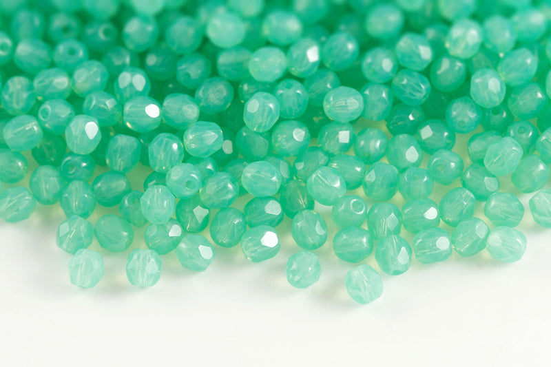 Czech Fire Polished 4mm Opal Drak Aqua Round Beads