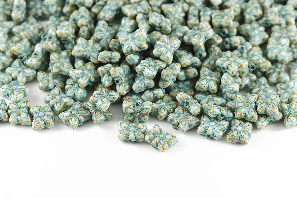 Butterfly 9×7mm Chalk Travertin With Blue 1-Hole Czech Beads