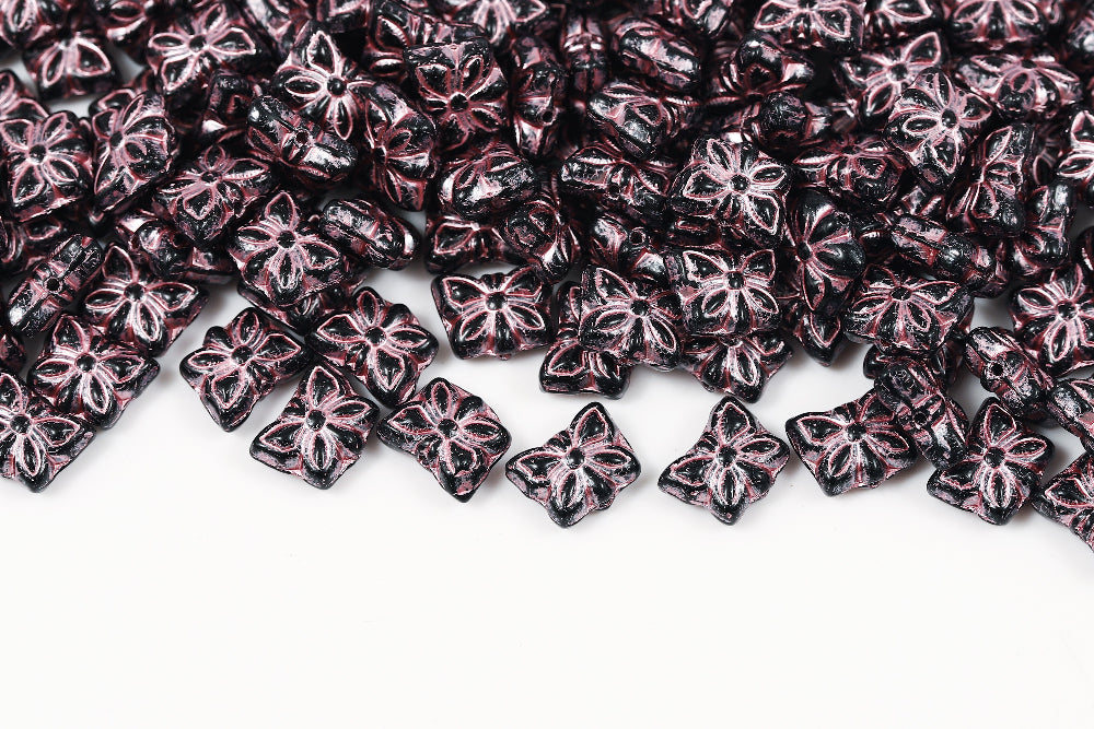 Butterfly 9×7mm Jet With Pink 1-Hole Czech Beads