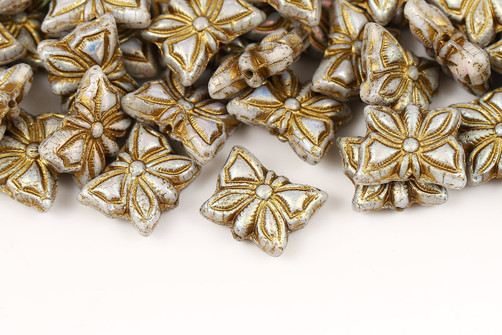 Butterfly 15×12mm Alabaster AB Full With Gold 1-Hole Czech Beads