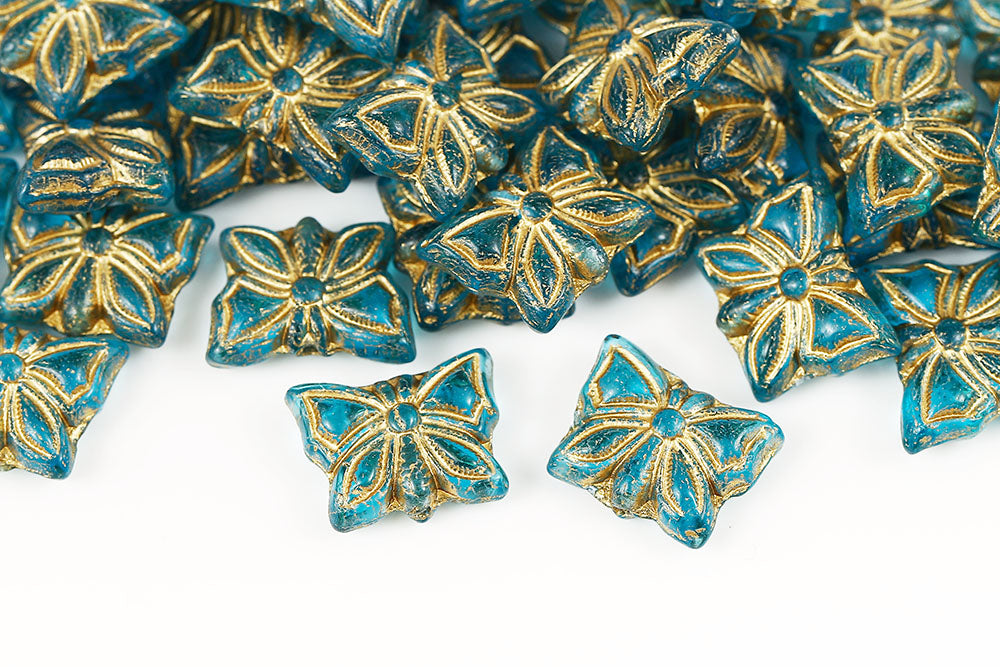 Butterfly 15×12mm Aqua With Gold 1-Hole Czech Beads