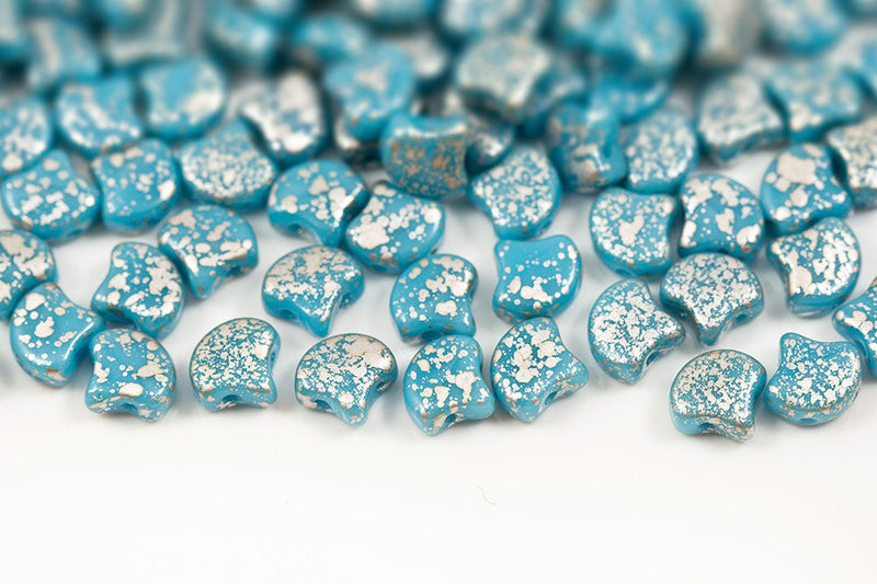 Ginko 7.5×7.5mm Silver Splash Turquoise Blue 2-Hole Czech Beads
