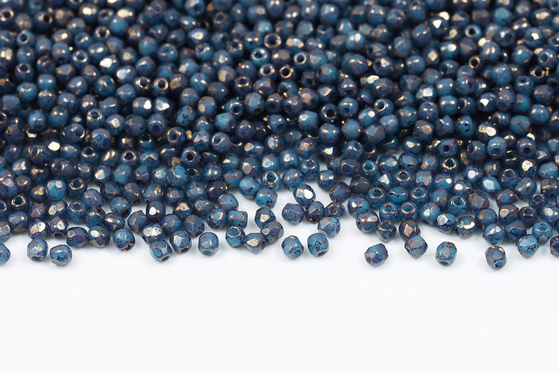 Czech Fire Polished 2.0mm Turquoise Blue With Gold Marble Finish Round Beads