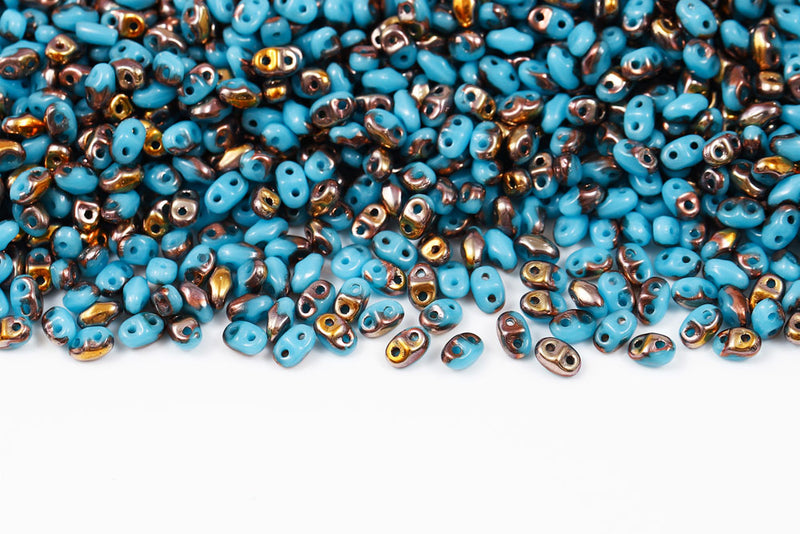 Miniduo 2×4mm Turquoise Blue Capri Gold 2-Hole Czech Beads